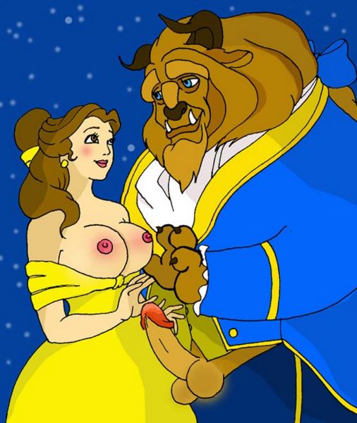 1boy 1girl beauty_and_the_beast big_breasts blush breasts disney duo erection furry nipples penis princess_belle testicles the_beast topless topless_female unknown_artist
