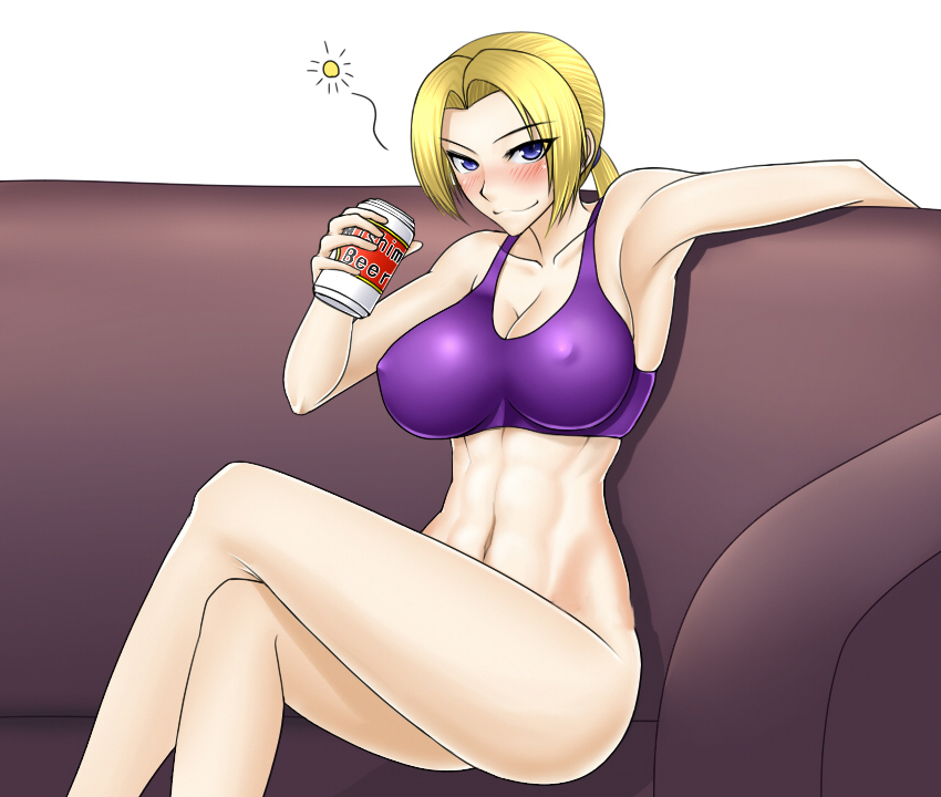 1girl abs alcohol alluring beer big_breasts blonde_hair blue_eyes blush bottomless bra breasts can cleavage couch covered_nipples do_konjouuo drink drunk erect_nipples female female_abs large_breasts legs long_hair naked_from_the_waist_down namco nina_williams ponytail purple_bra silf sitting solo sports_bra tekken tekken_1 tekken_2 tekken_3 tekken_4 tekken_5_dark_resurrection tekken_tag_tournament tekken_tag_tournament_2 toned underwear underwear_only