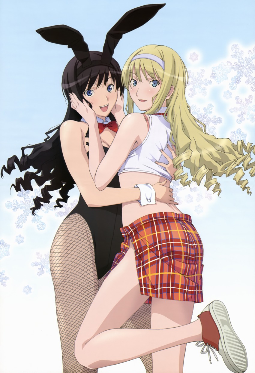 2_girls absurd_res amagami animal_ears arm arms bare_shoulders black_hair blonde_hair blue_eyes blush bowtie bunny_ears bunny_girl bunny_tail bunnysuit cousins detached_collar female fishnet_pantyhose fishnets hairband hands_on_head happy high_res hugging leg_lift legs long_hair looking_at_viewer looking_back midriff morishima_haruka morishima_jessica multiple_girls nyantype official_art open_mouth pantyhose side_slit skirt smile sneakers tail wrist_cuffs yuri