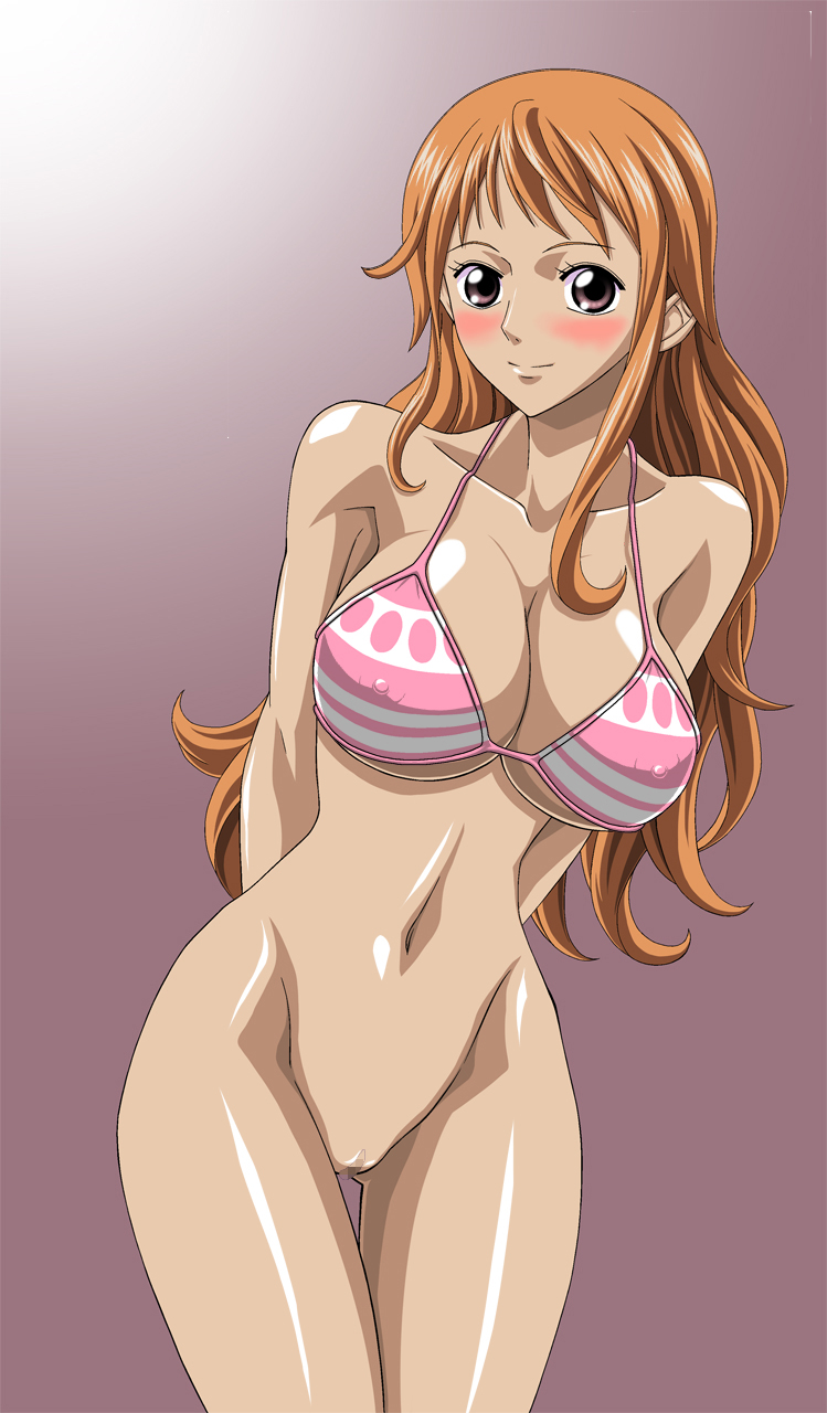 1girl alluring big_breasts bikini_top blush bottomless breasts brown_eyes censored denim erect_nipples high_res highres long_hair midriff naked_from_the_waist_down nami nami_(one_piece) navel nel-zel_formula nipples no_panties nude one_piece orange_hair pussy smile solo