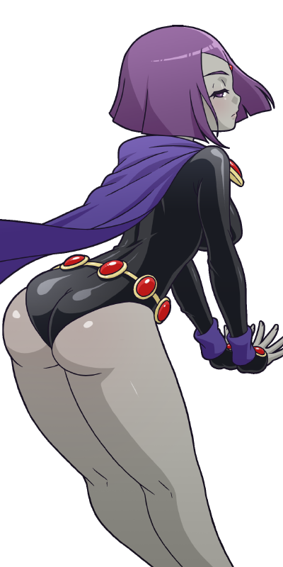 1girl 1girl ass breasts cape colored_skin dat_ass dc_comics forehead_jewel grey_skin half-closed_eyes impossible_clothes impossible_dress leotard medium_breasts mike_inel purple_eyes purple_hair raven_(dc) short_hair superhero teen_titans transparent_background wristband