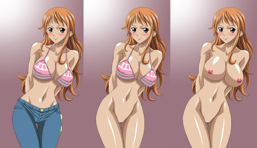 alluring big_breasts bikini_top blush bottomless breasts brown_eyes censored female high_res long_hair naked_from_the_waist_down nami nami_(one_piece) nel-zel_formula nipples one_piece orange_hair pussy smile solo