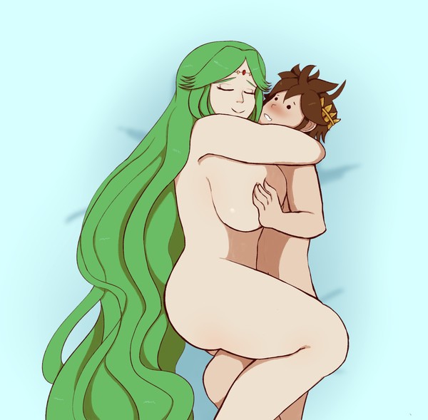big_breasts breast_grab breasts cuddling green_hair huge_breasts kid_icarus long_hair male/female naked palutena plump plump_ass satisfied sex sideboob smile snuggling thick_thighs voluptuous wrapping_legs_around_the_other_person's_hips
