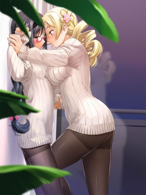 2girls between_legs black_hair blonde_hair blush breasts clothed female female_only glasses kissing large_breasts multiple_girls pocky restrained shy sweater yuri