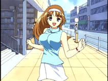 1girl animated animated_gif anime bouncing bouncing_breasts breasts brown_hair city gif hairband hentai huge_breasts jungle_wa_itsumo_hare_nochi_guu large_breasts long_hair lowres skirt turtleneck