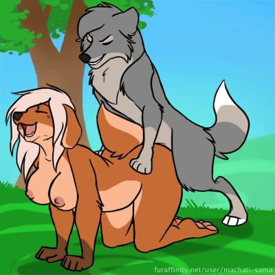 animated anthro anthro_on_feral beastiality breasts canine dog female feral from_behind furry gif grey_fur interspecies machati-sama male nipples nude outside penis sex wolf