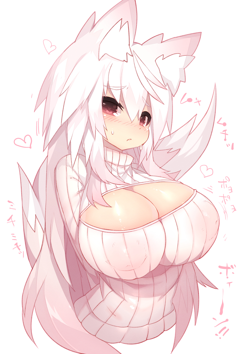 1girl animal_ear_fluff animal_ears arms_behind_back big_breasts blush breasts brown_eyes cleavage cleavage_cutout clothing_cutout covered_erect_nipples cute fox_ears fox_tail heart heart-shaped_pupils highres huge_breasts inverted_nipples long_hair looking_at_viewer mamuru meme_attire nipples open-chest_sweater oppai original ribbed_sweater simple_background solo sweater symbol-shaped_pupils tail turtleneck white_background white_hair