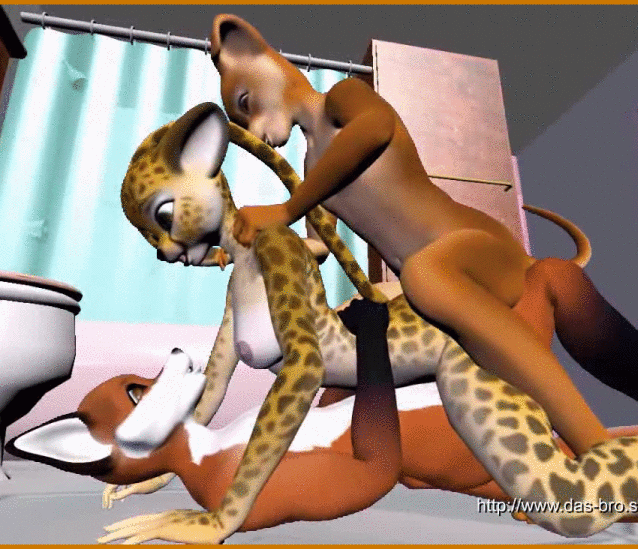 3d anal animated animation bathroom bunnymund cheetah cute double_penetration feline fox furry gif leopard lion original original_character threesome toilet vaginal