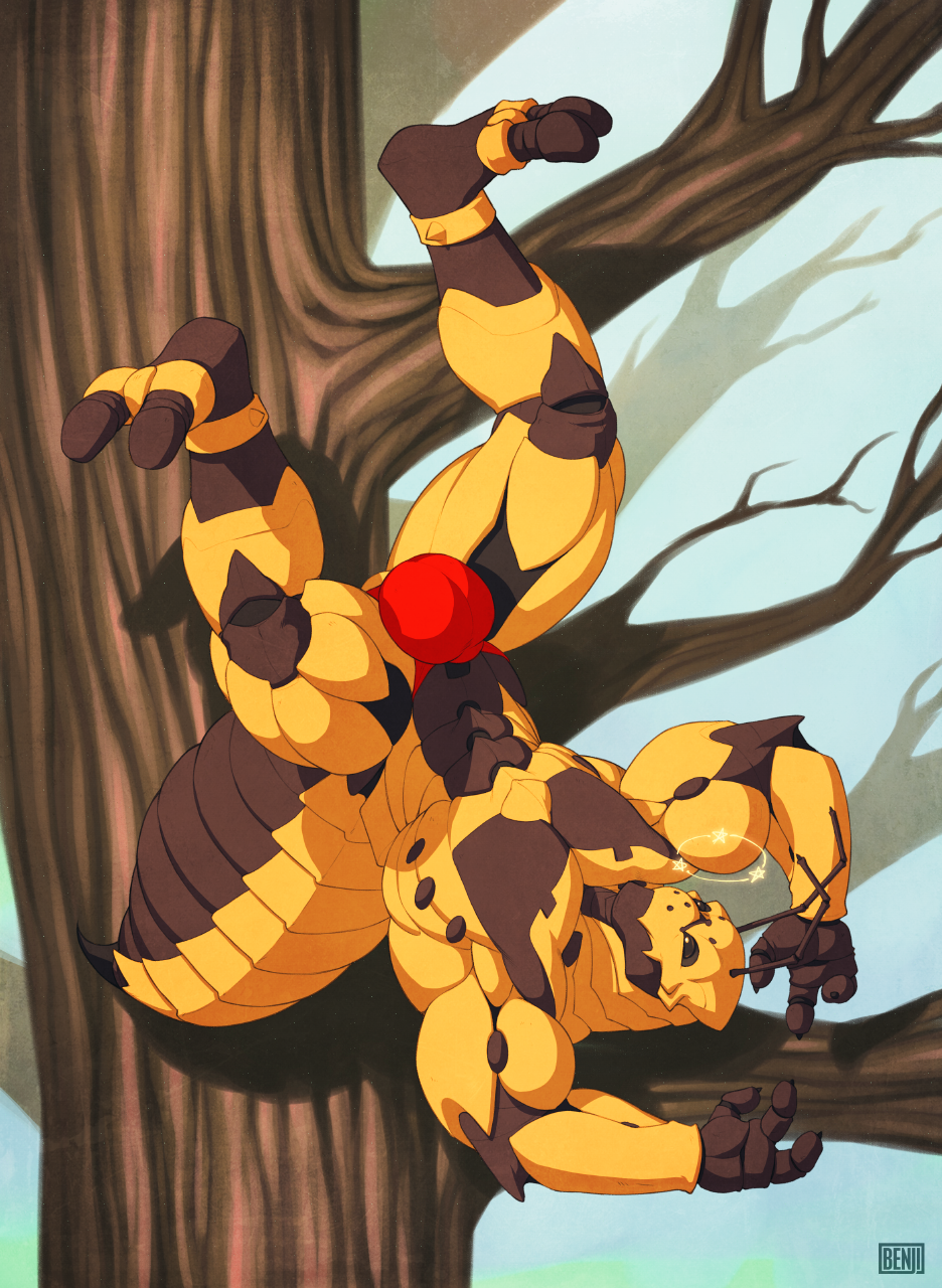 2013 antennae benji_(artist) bng brown_eyes brown_skin bulge claws hindpaw insect ivan_(character) male muscle outside paws solo stinger thick_thighs thighs tree underwear upside_down wasp yellow_skin