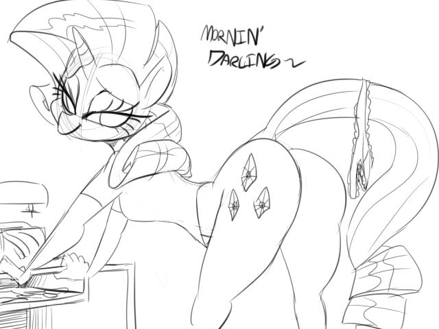 ass bent_over bottomless butt clothed clothing cutie_mark english_text equine female friendship_is_magic half-dressed horn horse looking_back my_little_pony panties plain_background pony presenting presenting_hindquarters rarity_(mlp) sketch solo sunibee sweetsing text underwear unicorn white_background