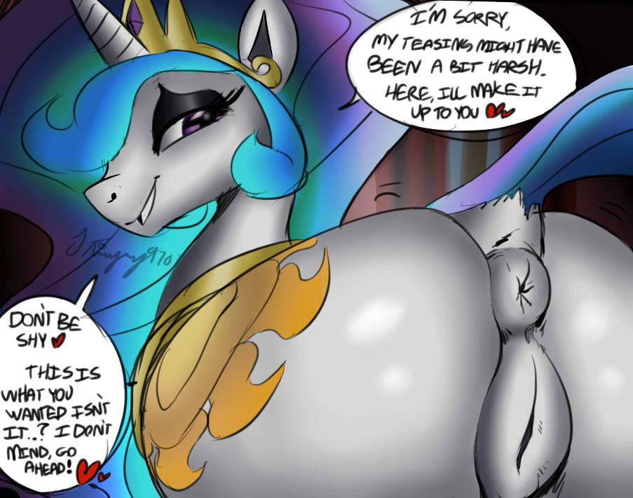 2013 anus ass big_ass colored cutie_mark dialog english_text equine female feral friendship_is_magic furry hair half-closed_eyes heart horn horse looking_at_viewer multicolored_hair my_little_pony pony presenting princess princess_celestia princess_celestia_(mlp) purple_eyes pussy royalty solo stingray970 sunibee text winged_unicorn wings