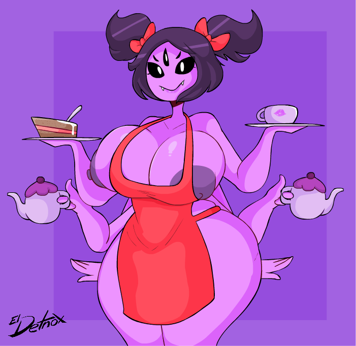 1girl 6_arms anthro apron apron_only arachnid areola arthropod big_breasts black_hair bow breasts cake clothing el_detnox food hair humanoid kettle mostly_nude muffet multi_arm multi_eye multi_limb naked_apron nipples purple_skin saucer spider teacup thick_thighs twintails undertale video_games wide_hips