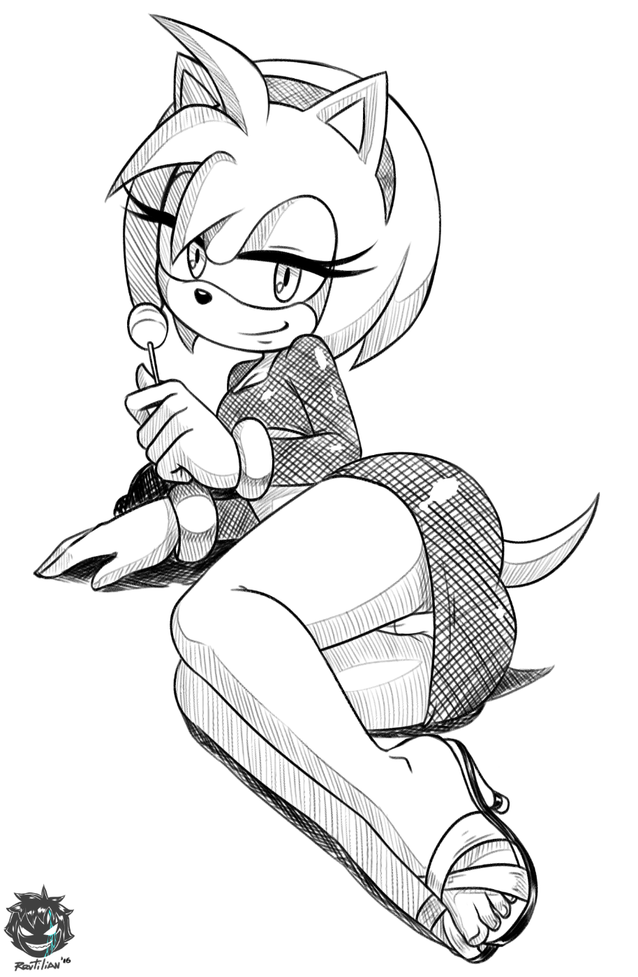 1girl 2016 amy_rose animal_ears artist_name bracelet candy dated dress eyelashes furry gloves hairband high_heels highres jewelry lollipop looking_at_viewer lying miniskirt monochrome no_humans on_side panties pantyshot revtilian sandals short_hair simple_background sketch smile solo sonic sonic_the_hedgehog tail tight_dress underwear watermark white_background