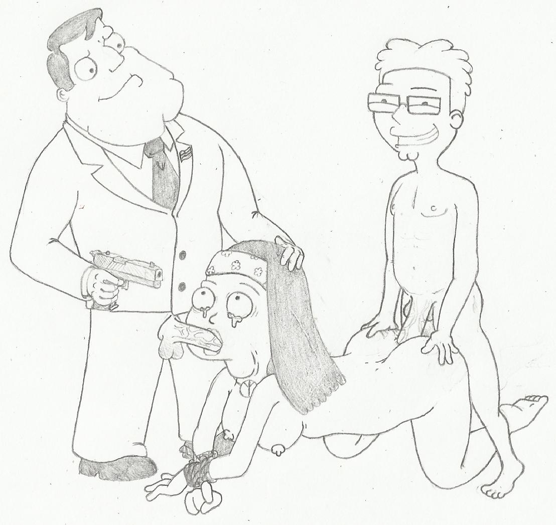 american_dad bondage brother_and_sister father_and_daughter gun hayley_smith incest kongen lineart monochrome nipples penis rape stan_smith steve_smith weapon