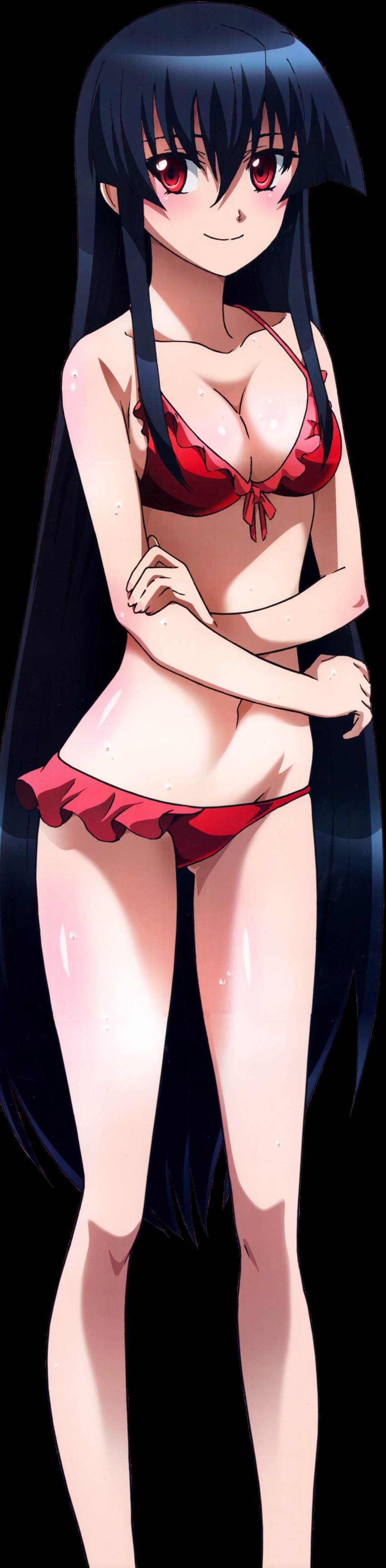 10s 1girl absurd_res akame_(akame_ga_kill!) akame_ga_kill! alluring bangs bikini black_hair blush body_blush breasts cleavage closed_mouth collarbone facing_viewer frilled_bikini frills front-tie_bikini front-tie_top groin hair_between_eyes high_res holding_own_arm legs long_hair long_image looking_at_viewer medium_breasts nakamura_kazuhisa navel official_art red_bikini red_eyes sideboob sidelocks simple_background smile standing stick_poster straight_hair swimsuit tall_image third-party_edit vector_trace very_long_hair wet
