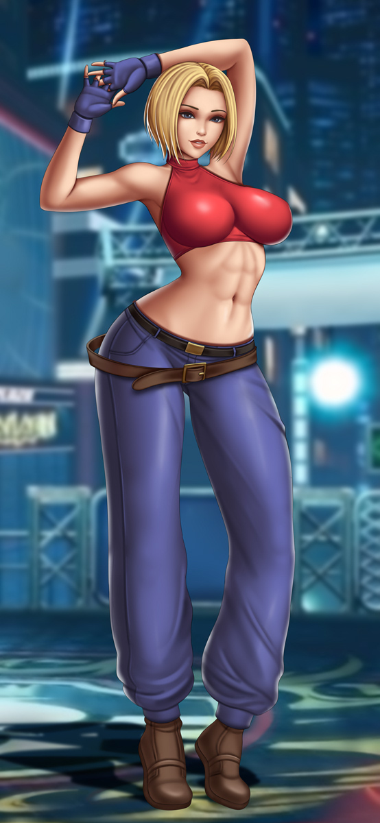 1girl alluring alternate_version_available athletic_female belt big_breasts blonde_hair blue_eyes blue_gloves blue_mary blue_pants breasts brown_belt brown_boots curvy_body detailed_background fatal_fury female_abs female_only fit_female flowerxl full_body hands_behind king_of_fighters looking_at_viewer orange_lipstick pale-skinned_female red_topwear short_hair snk standing video_game_character widescreen