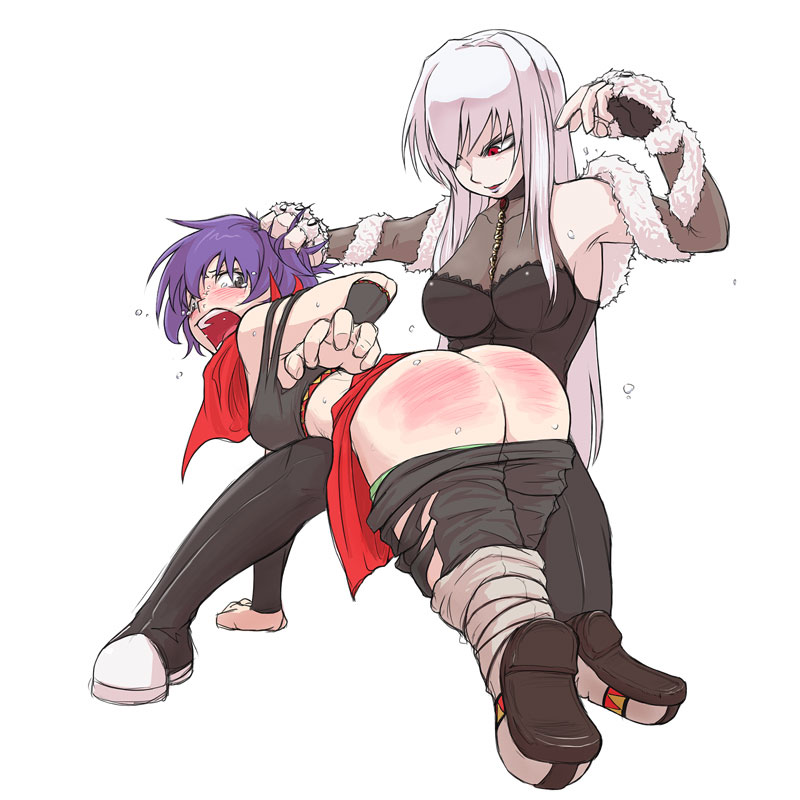 2girls albino armpits ass crying female freia_kagami grey_eyes grin hair_grab hand_on_another's_head hand_on_head head_grab kobayakawa_shiho long_hair multiple_girls open_mouth pants_pulled_down purple_hair red_butt red_eyes short_hair smile spanked spanking white_background white_hair wrestle_angels wrestle_angels_survivor