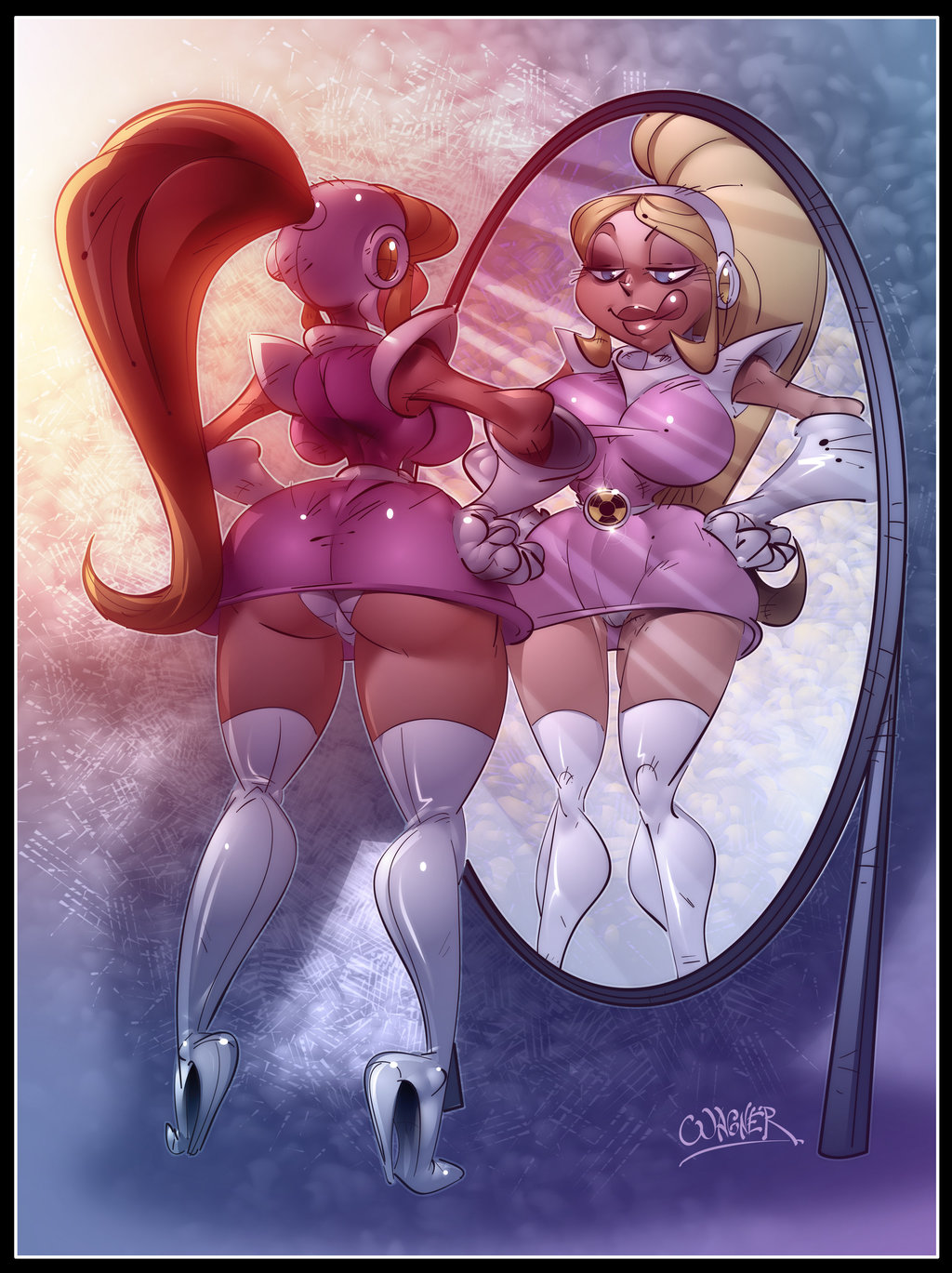 atomic_betty blonde_hair blue_eyes boots cosplay dexter's_laboratory gloves halloween high_heel_boots high_heels lisa_the_babysitter long_hair ponytail shiny shiny_skin skirt solo upskirt wagner wide_hips