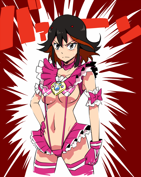 1girl adapted_costume armband black_hair blush bow breasts choker cosplay crossover cure_melody cure_melody_(cosplay) frills gloves grey_eyes hand_on_hip horns kill_la_kill koshimizu_ami magical_girl matoi_ryuuko multicolored_hair navel pink_legwear precure red_hair revealing_clothes ribbon seiyuu_connection short_hair skirt solo stockings suite_precure suspenders sweatdrop thighhighs tj-type1 two-tone_hair underboob