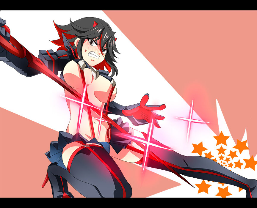1girl angry big_breasts black_hair blush boots breasts clenched_teeth embarrassed kill_la_kill large_breasts letterboxed matoi_ryuuko multicolored_hair nagare navel red_hair revealing_clothes scissor_blade scissors senketsu short_hair solo suspenders sword teeth thigh_boots thighhighs two-tone_hair weapon