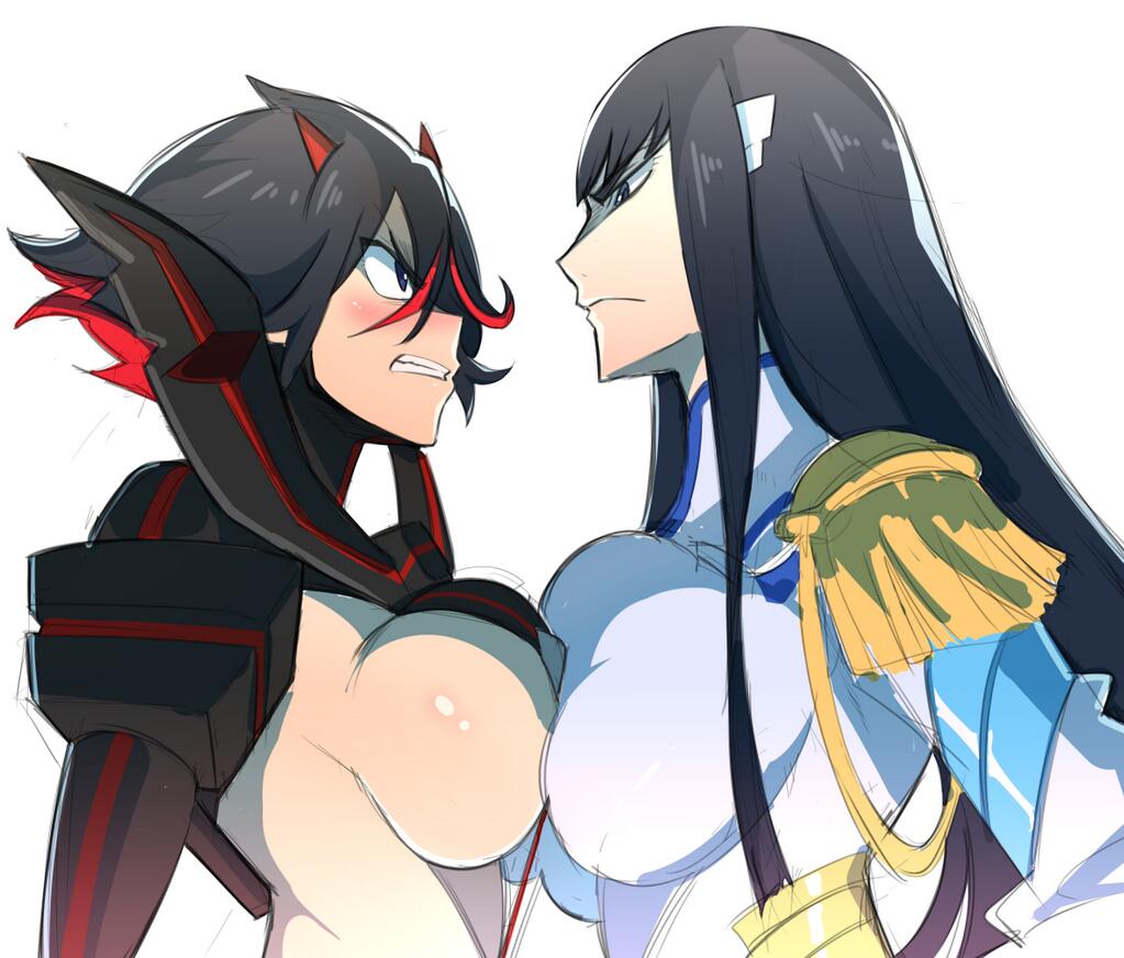 2_girls 2girls angry asymmetrical_docking big_breasts black_hair blush breast_press breasts clenched_teeth confrontation embarrassed epaulettes eye_contact face-to-face faceoff female frown glaring grin kill_la_kill kiryuuin_satsuki large_breasts long_hair looking_at_another matoi_ryuuko multicolored_hair multiple_girls nuezou sideboob simple_background smile source_request suspenders symmetrical_docking two-tone_hair white_background