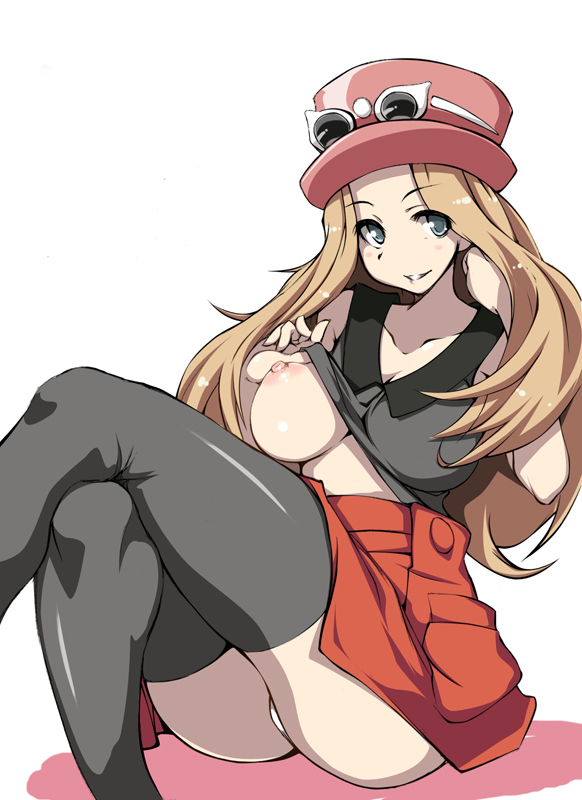 1girl areola areolae ass bag bare_shoulders big_breasts black_legwear black_thighhighs blonde_hair blouse blue_eyes blush breast_slip breasts brown_hair cleavage collarbone crossed_legs curvy erect_nipples flashing gengoroh green_eyes hair_flip hat heart huge_breasts kneepits knees large_breasts legs legs_crossed legwear long_hair looking_at_viewer midriff miniskirt naughty_face navel nintendo nipples no_bra no_panties one_breast_out open_mouth panties perky_breasts pokemon pokemon_(game) pokemon_xy pussy serena serena_(pokemon) sexually_suggestive shiny shirt_lift shoes simple_background sitting skirt skirt_lift sleeveless smile solo spread_legs stockings sunglasses sunglasses_on_head teeth thighhighs thighs tongue uncensored underboob underwear upskirt vagina white_background white_panties wristband