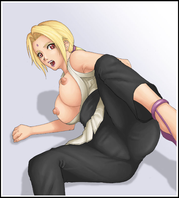 1girl arm_support blonde_hair breasts deep_rising facial_mark female forehead_mark lipstick lying makeup milf naruto nipples on_side open_clothes open_mouth open_shirt red_eyes shadow shirt solo spread_legs thor_(deep_rising) tsunade