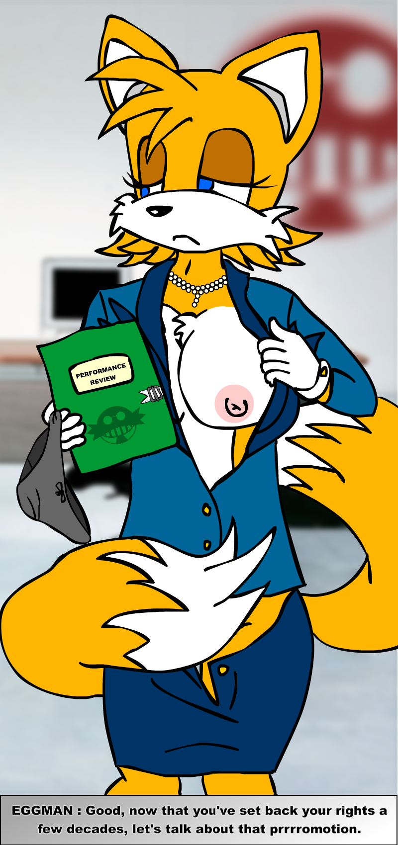 2013 annonguy anthro blue_eyes breasts canine clothing crossgender desk dialog dr_eggman english_text female fox fur furry genderswap miles_"tails"_prower millie_tailsko necklace nipples office robotnik sega skirt solo sonic_(series) text underwear video_games