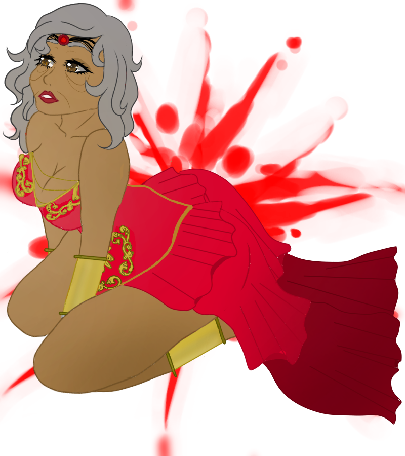 bare_arms bare_shoulders bare_thighs bellum_bestiae bellum_bestiae:_extinction breasts brown_eyes circlet clavicle cleavage dark-skinned_female elderly_female esmeralda_sanchez female_focus female_only gold_armband gypsy insanely_hot legband lips lipstick long_gray_hair mature mature_female mature_woman mgw_productions milf old old_woman older_female original_character red_clothes red_dress red_lipstick sexy_pose tanned_skin teeth thighs