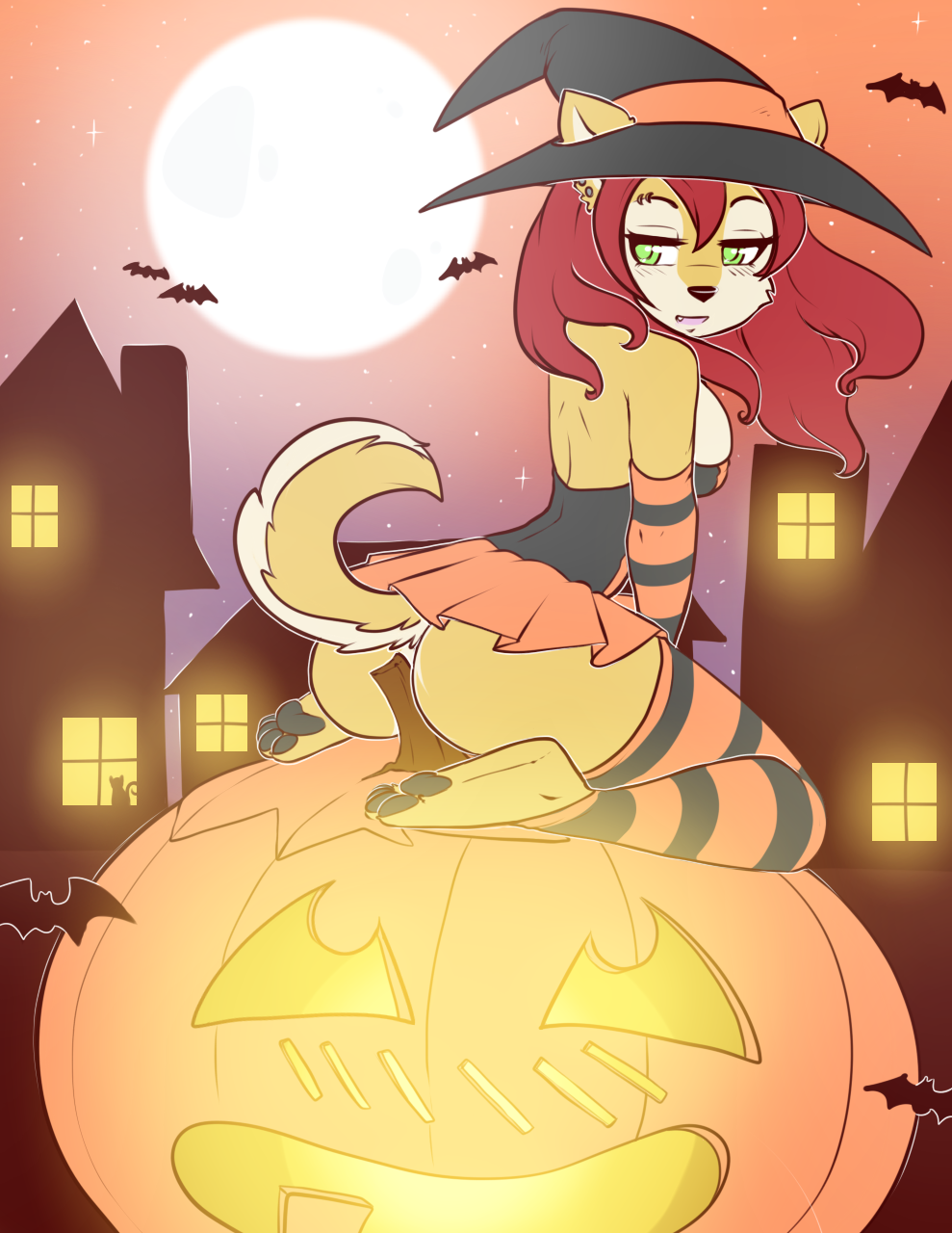 anthro ass bat breasts building canine cat clothed clothing ear_piercing feline female furry green_eyes hair halloween hat headgear high_res holidays legwear looking_back mammal moon open_mouth original original_character outside paws piercing pumpkin raised_tail red_hair solo stockings striped_stockings tail witch_hat zyira zyira_(artist)