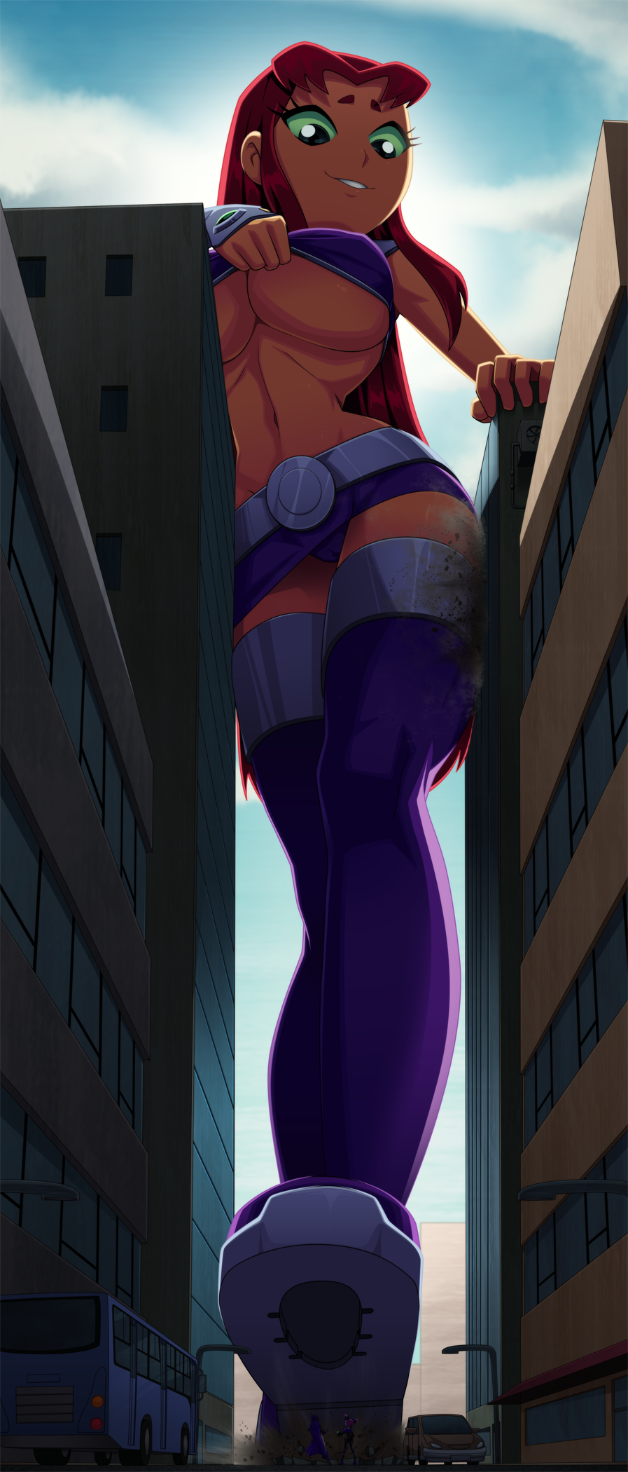 3_girls big_breasts breasts cleavage dc_comics female_only giantess green_eyes jinx raven_(dc) ravenravenraven red_hair starfire teen_titans