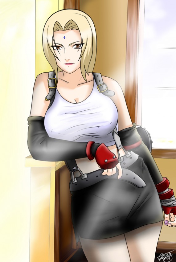 1_girl 1girl alluring blonde_hair breasts brown_eyes clothed clothed_female clothes clothing cosplay elbow_gloves facial_mark female female_only final_fantasy final_fantasy_vii forehead_mark gloves huge_breasts jadeedge jon_kneeland large_breasts leaning milf miniskirt nail_polish naruto naruto_shippuden non-nude pencil_skirt shirt short_hair skirt solo standing sunlight suspender_skirt suspenders taut_clothes taut_shirt tifa_lockhart tifa_lockhart_(cosplay) tsunade uncensored window