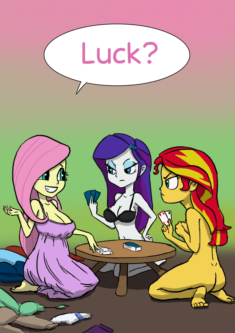 3_girls 3girls ass blue_eyes bra card_game clothed_female_nude_female covering_breasts english_text equestria_girls female female_only fluttershy fluttershy_(mlp) friendship_is_magic indoors long_hair long_purple_hair mostly_nude my_little_pony purple_hair rarity rarity_(mlp) speech_bubble strip_poker sunset_shimmer sunset_shimmer_(eg) two-tone_hair