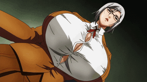 1girl big_breasts breasts cleavage clothed clothed_female female_focus female_only gif glasses huge_breasts human long_hair massive_breasts prison_school screencap shiraki_meiko silver_hair solo_female solo_focus source_request tagme teacher teen unbuttoned