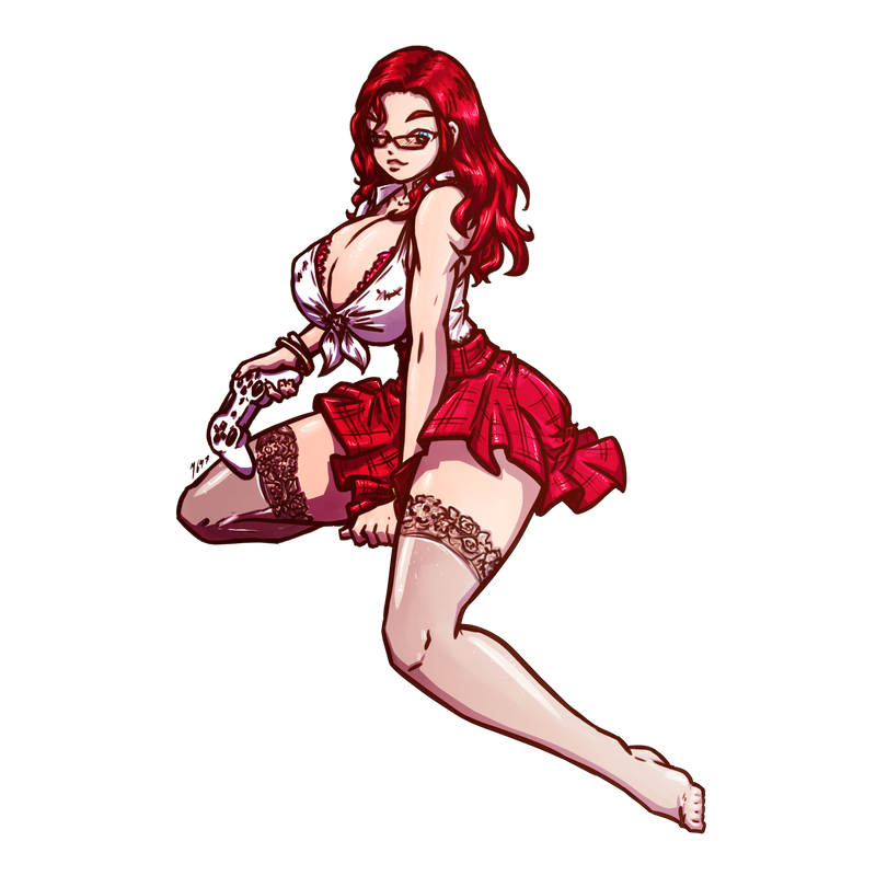 1girl ass big_breasts breasts female_only gamer gamer_girl glasses looking_at_viewer pureruby87 rabbit_girl red_clothing red_hair shorts streamer twitch.tv twitter