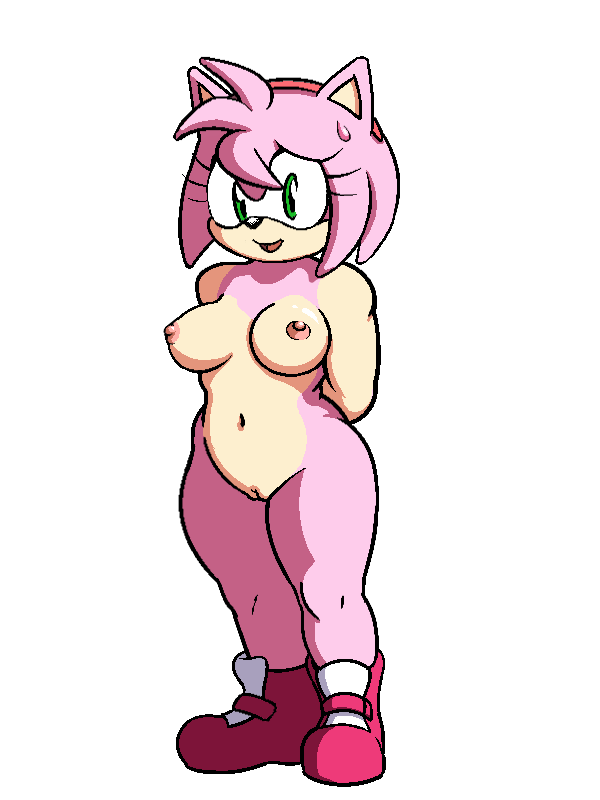 amy_rose boots breasts erect_nipples green_eyes hairband nipples nude pink_hair pussy sega short_hair smile solo sonic_(series) sweat