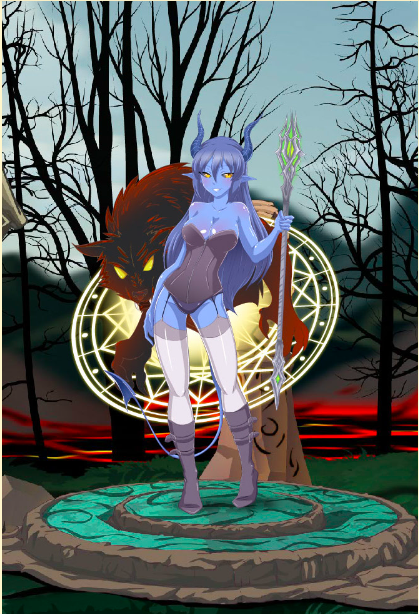 blue_hair blue_skin nutaku pantyhose summoning summoning_circle tail wolf