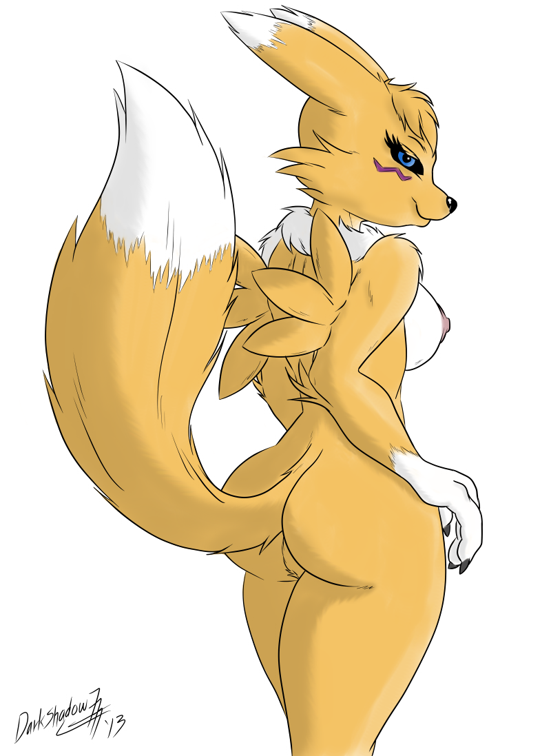 1_anthro 1_female 1_female_anthro 1_girl 2013 3_fingers anthro anthro_canine anthro_fox anthro_vixen blue_eyes breasts canine darkshadow777 digimon featureless_crotch female female_anthro female_anthro_fox female_only female_renamon fox fur furry looking_at_viewer looking_back nipples nude raised_tail renamon smile solo standing toei_animation vixen white_fur yellow_fur