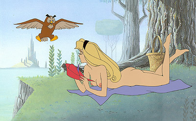 ass basket blonde_hair breasts castle disney female female_only forest hat legs nipples nude owl princess_aurora sleeping_beauty tree wings