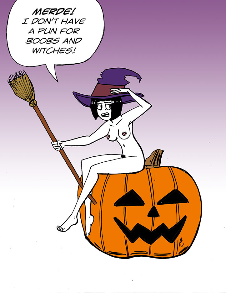big_breasts bottomless broom creepy_susie goth halloween nipples pumpkin the_oblongs witch witch_hat
