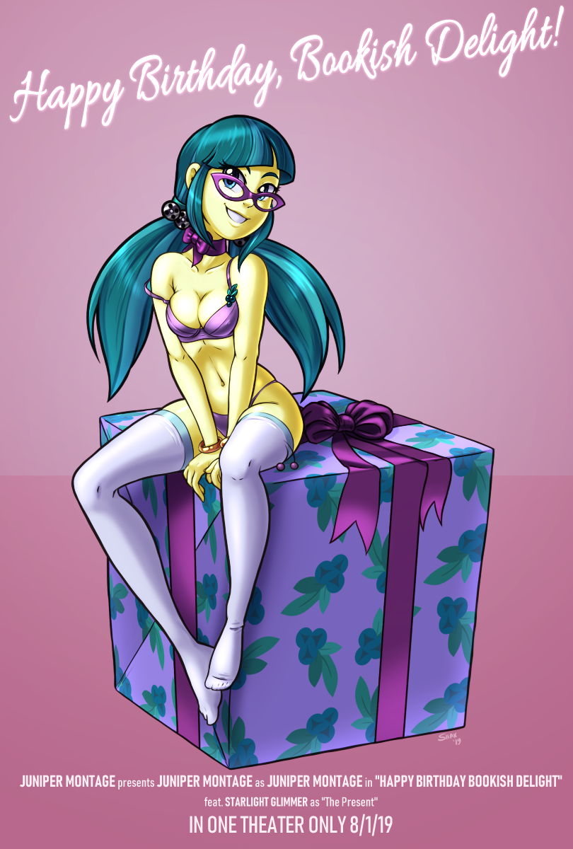 1girl bespectacled blue_eyes bra bracelets equestria_girls female female_only friendship_is_magic glasses juniper_montage long_hair looking_at_viewer mostly_nude my_little_pony panties shax sitting solo stockings