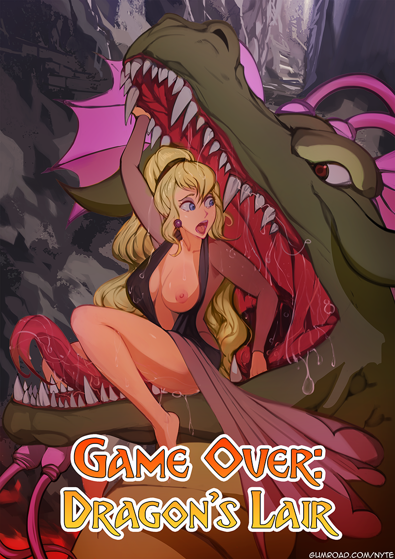 blonde_hair breast clothed dragon dragon's_lair dress earrings exposed_breast female female_human forked_tongue imminent_vore long_hair nyte open_mouth princess_daphne singe tongue vore