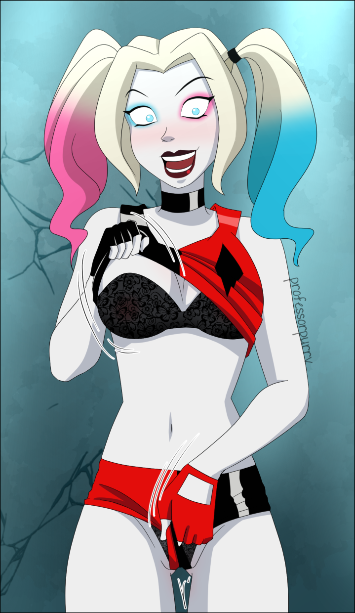 1girl blonde_hair blue_eyes blue_hair bra choker cleavage dc_comics dyed_hair eyeshadow female_only harley_quinn harley_quinn_(series) hotpants lipstick looking_at_viewer multicolored_hair open_mouth panties pink_hair professorpurrv seductive_smile shirt_lift shorts smile solo_female twin_tails white_skin