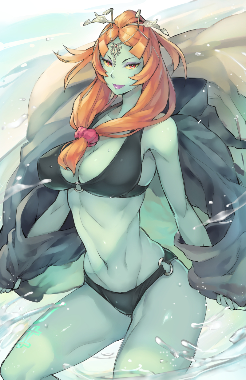 1girl 1girl alluring bare_shoulders big_breasts bikini black_bikini cleavage closed_mouth colored_skin front_ponytail ge-b green_skin hair_ornament hair_scrunchie hairclip high_res lips long_hair looking_at_viewer midna midna_(true) navel nintendo o-ring o-ring_bottom o-ring_top orange_hair purple_lips red_eyes scrunchie smile splashing spoilers standing sweat swimsuit the_legend_of_zelda the_legend_of_zelda:_twilight_princess tiara toned towel twili_midna water