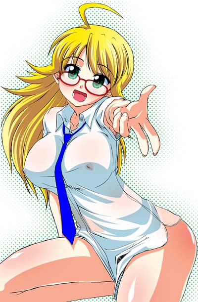 1girl ahoge blonde_hair bottomless breasts erect_nipples female glasses green_eyes hoshii_miki idolmaster large_breasts long_hair miki_hoshii necktie outstretched_arm outstretched_hand reaching rikumoto_yoshiyuki see-through solo thighs