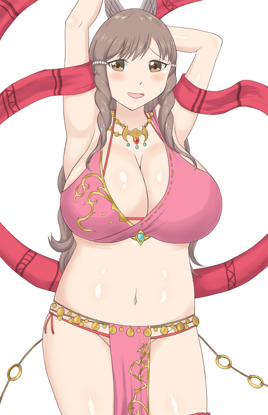 1girl 1girl beautiful big_breasts big_breasts blush breasts brown_eyes brown_hair cleavage cosplay embarrassed exhibitionism fire_emblem fire_emblem:_awakening fire_emblem:_genealogy_of_the_holy_war fire_emblem_heroes fuckable hair_ornament hot huge_breasts insanely_hot jewelry lene_(fire_emblem) lene_(fire_emblem)_(cosplay) lonh_hair looking_at_viewer midriff milf navel necklace nice_body nintendo open_mouth plump raigarasu revealing_clothes sexy smile sumia sumia_(fire_emblem) tagme thick_thighs thighs