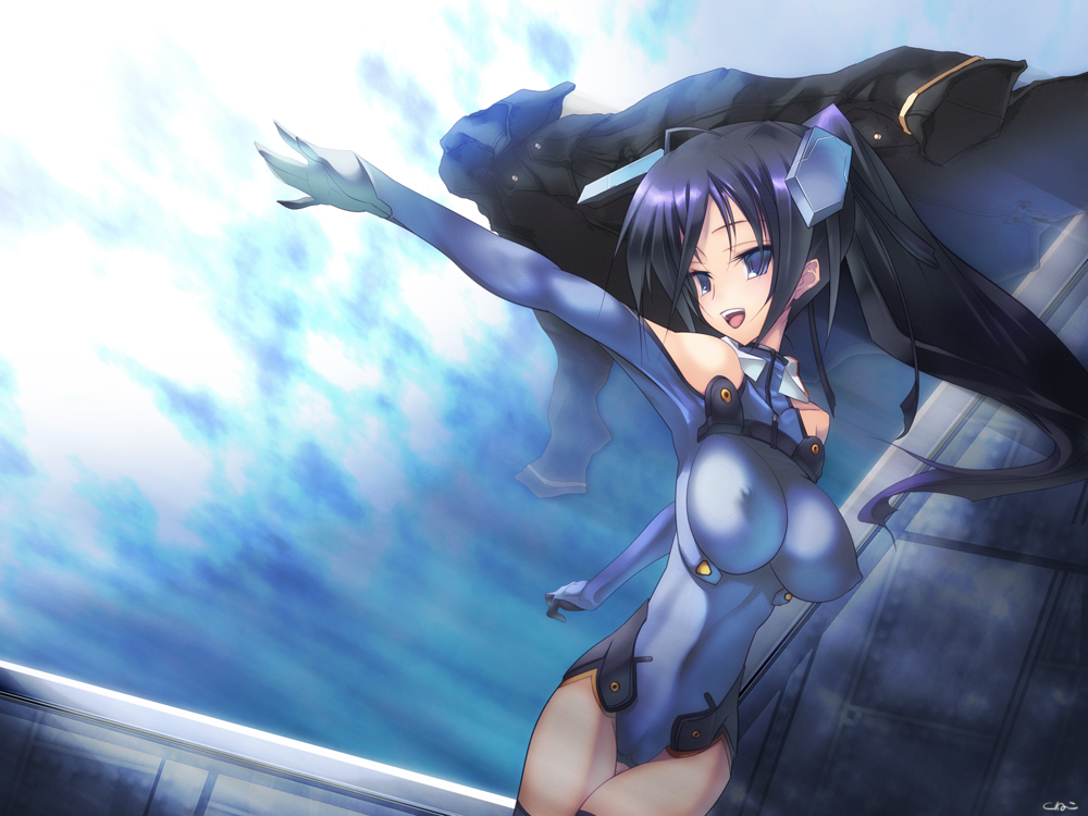 1girl :d ahoge armpits bangs bare_shoulders big_breasts black_hair blue_eyes blue_gloves breasts clothes_removed coffee_cat cowboy_shot dutch_angle eika_ichijyo elbow_gloves erect_nipples floating_hair gloves hair_ribbon halterneck headgear high_ponytail huge_breasts ichijou_eika impossible_clothes impossible_leotard jacket jacket_removed leotard long_hair looking_to_the_side motionslit open_mouth outstretched_arms pilot_suit ponytail ribbon signature skin_tight sky_girls smile solo spread_arms thigh_gap thighhighs turtleneck very_long_hair