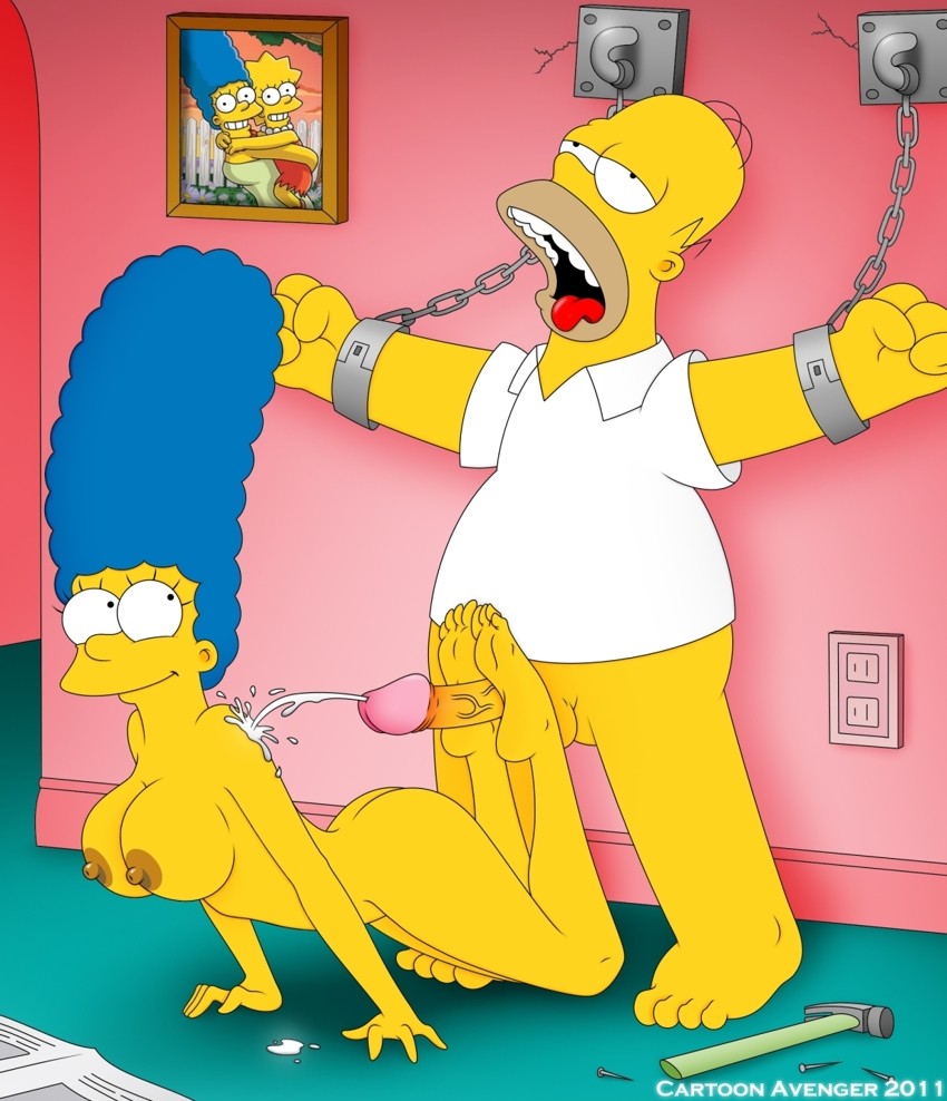 ass big_breasts bound_arms cartoon_avenger chains cum_on_back footjob homer_simpson marge_simpson the_simpsons yellow_skin