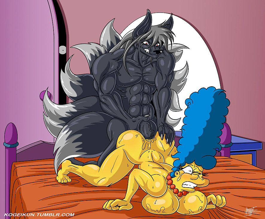anal anal_penetration doggy_position fox from_behind furry grabbing_sheets kogeikun marge_simpson massive_breasts multiple_tails on_bed original_character sheet_grab the_simpsons yellow_skin