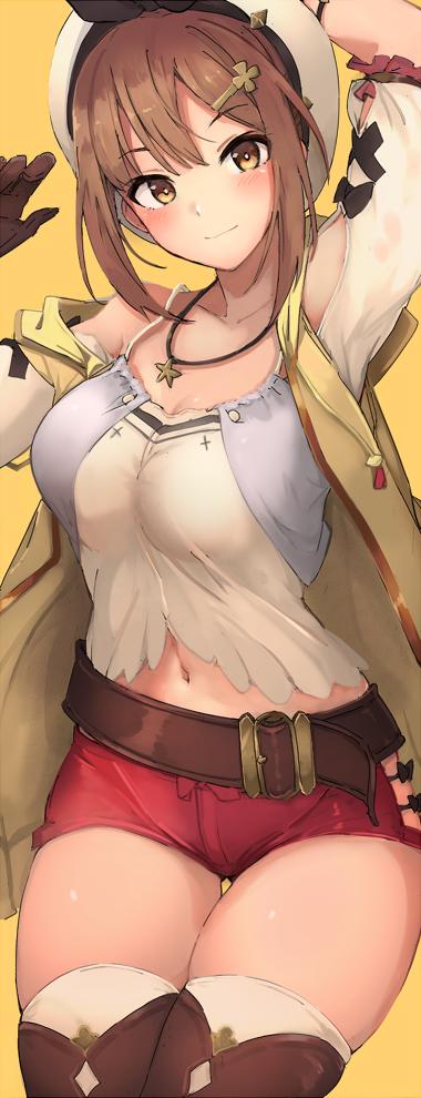 1girl 1girl arms_up atelier_(series) atelier_ryza bangs bare_shoulders belly_peek belt big_breasts blush boots breasts brown_eyes brown_gloves brown_hair brown_legwear cleavage closed_mouth clothed_female clover_hair_ornament collarbone cowboy_shot detached_sleeves eyebrows_visible_through_hair female_focus gloves hair_between_eyes hair_ornament hairclip hat jewelry light_smile looking_at_viewer midriff mobu navel necklace qow red_shorts reisalin_stout shirt short_hair short_shorts shorts sidelocks simple_background skindentation smile solo_female solo_focus spaghetti_strap standing star star_necklace stockings tagme teen thigh_high_boots thighs vest video_game_character video_game_franchise white_headwear white_shirt